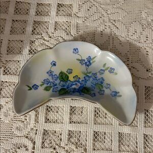 Vintage Lefton Hand Painted Bone Dish with Blue Forget Me Not Flowers